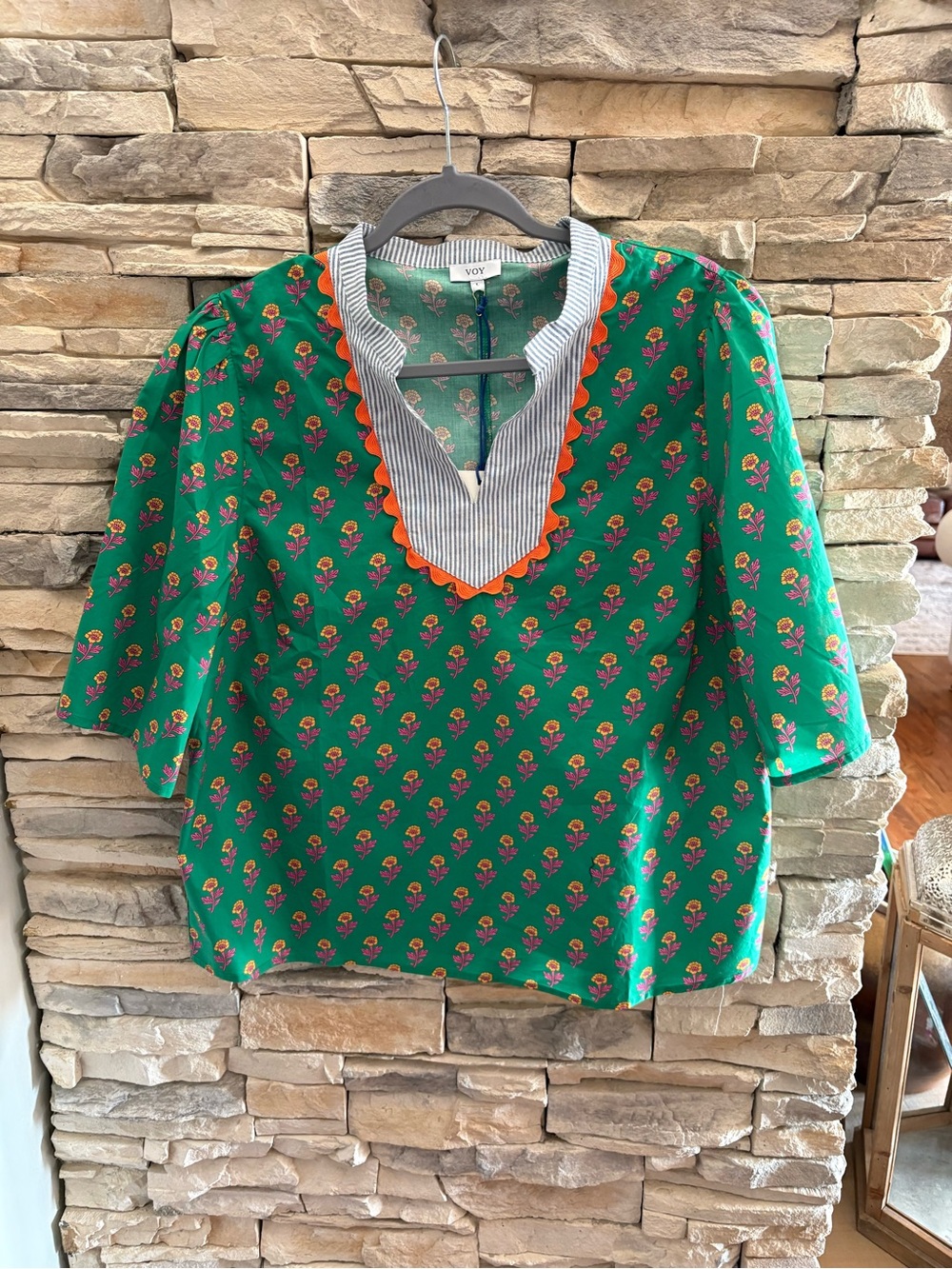 VOV Green Floral Notch-Neck Blouse with Contrast Trim, NWT